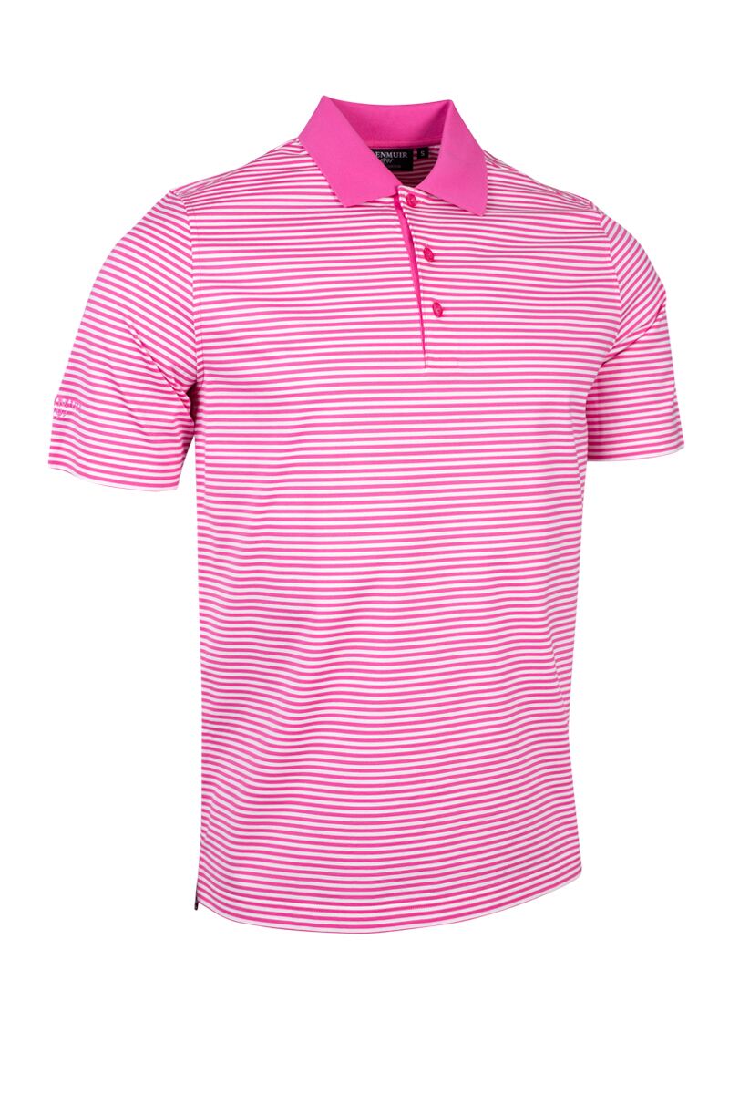 Mens Striped Mercerised Luxury Golf Shirt Hot Pink/White L