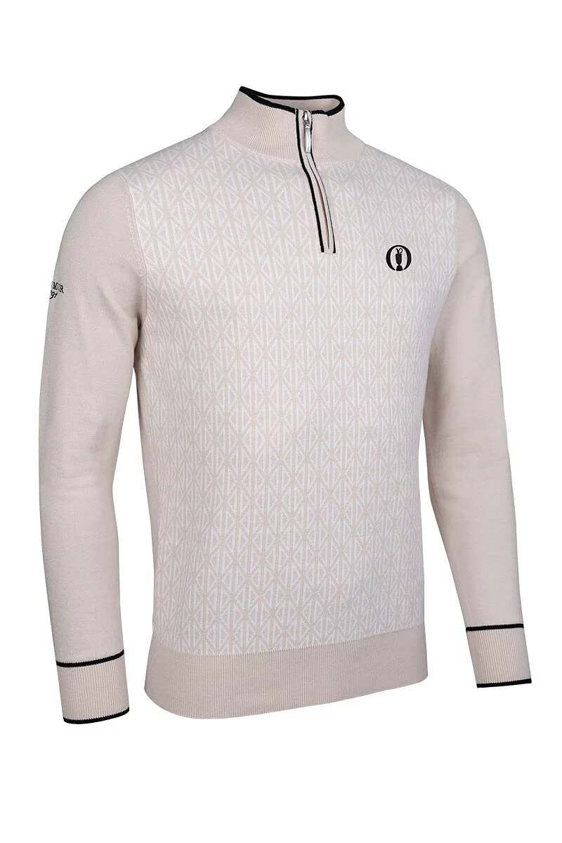 Official Ryder Cup 2027 Mens Quarter Zip Geometric Pattern Cotton Lightweight Golf Sweater Linen/Black XXL