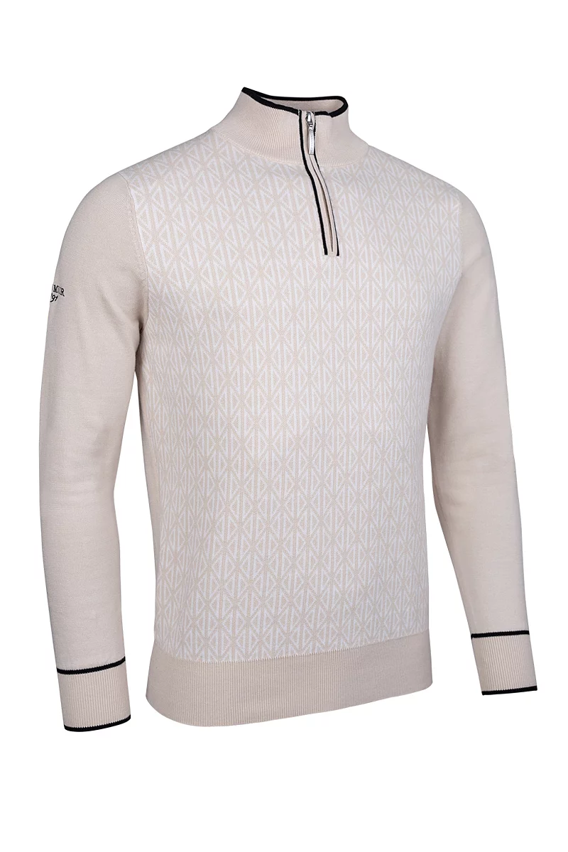 Glenmuir Mens Quarter Zip Geometric Pattern Cotton Lightweight Golf Sweater Linen/Black XL