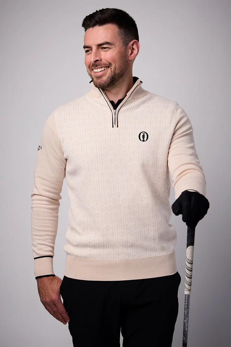 The Open Mens Quarter Zip Geometric Pattern Cotton Lightweight Golf Sweater