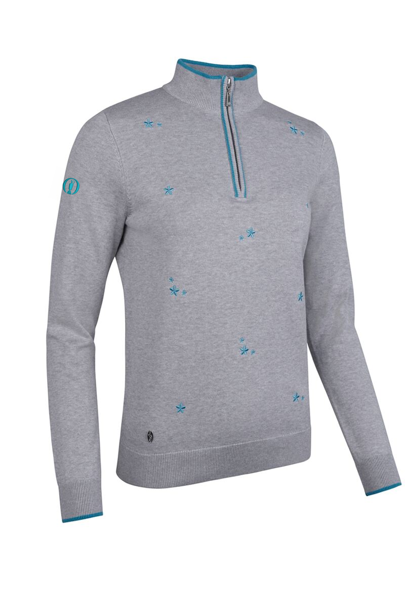 The Open Ladies Quarter Zip Floral Embroidery Cotton Lightweight Golf Sweater