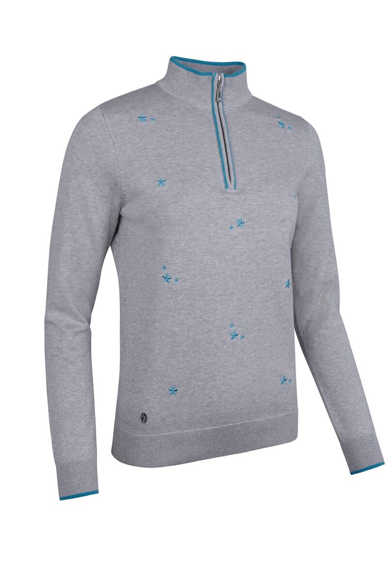 Ladies Quarter Zip Floral Embroidery Cotton Lightweight Golf Sweater
