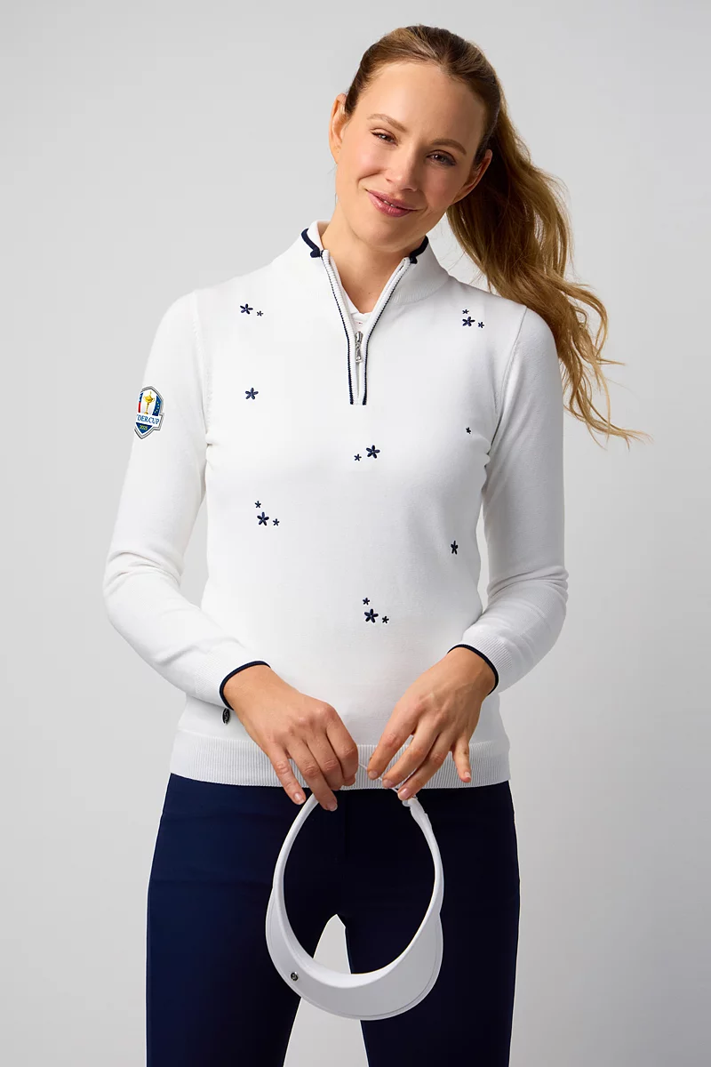 Official Ryder Cup 2025 Ladies Quarter Zip Floral Embroidery Cotton Lightweight Golf Sweater Official Ryder Cup 2025 Ladies Quarter Zip Floral Embroidery Cotton Lightweight Golf Sweater