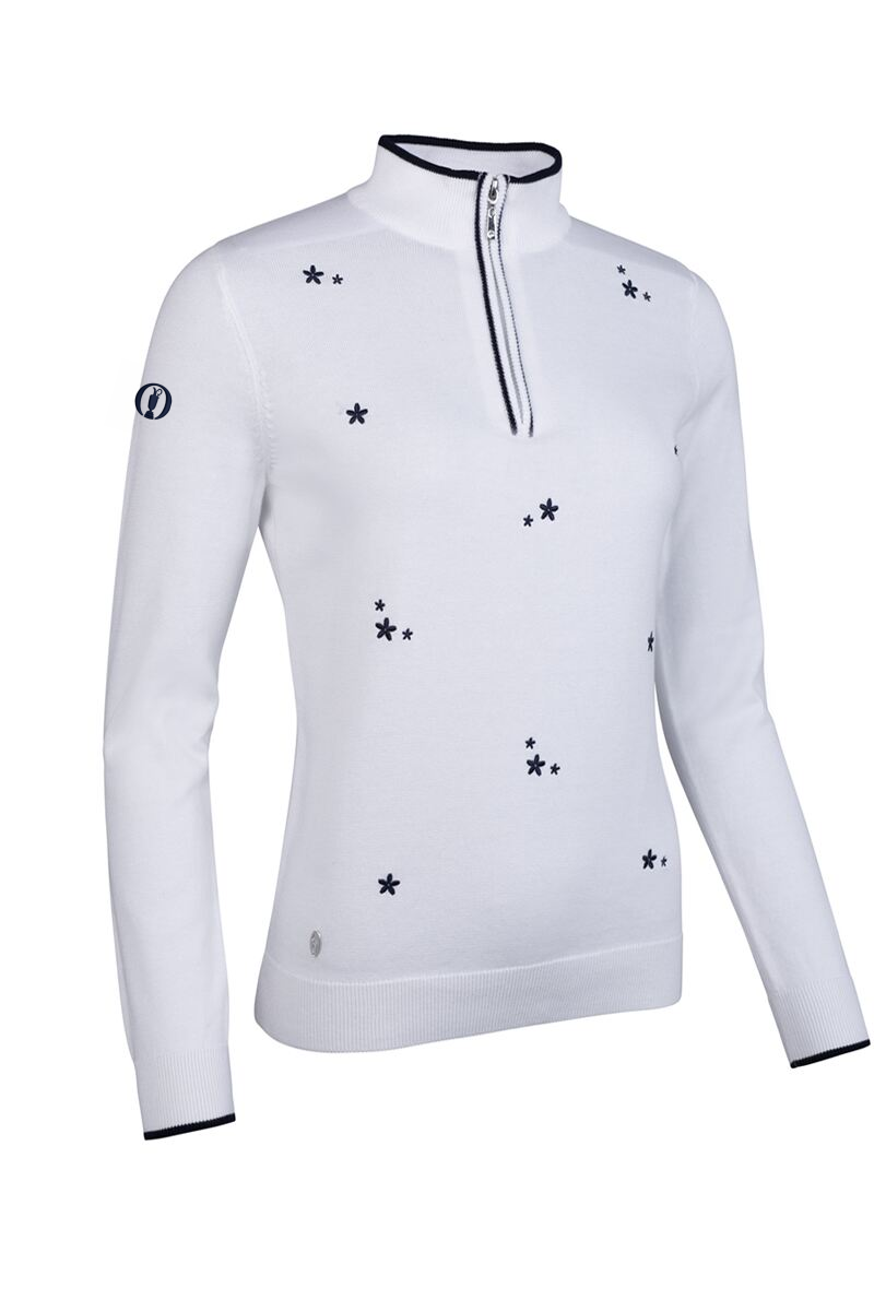 The Open Ladies Quarter Zip Floral Embroidery Cotton Lightweight Golf Sweater