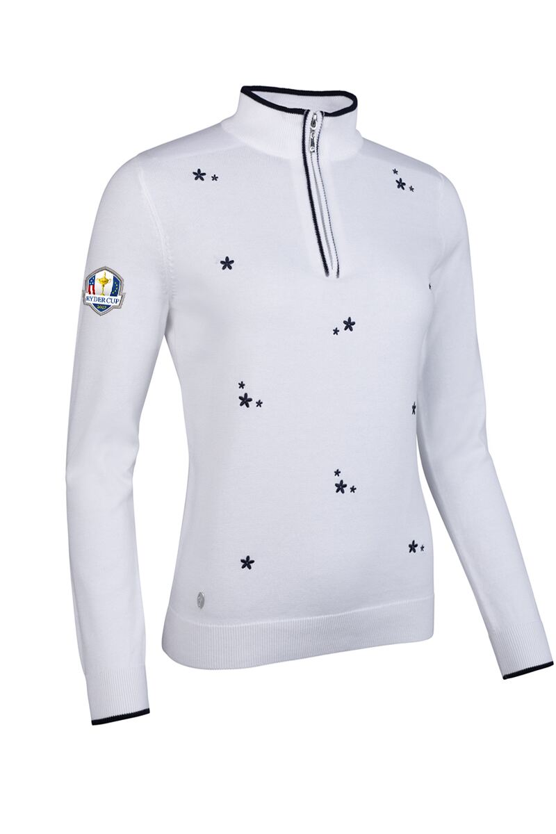 Official Ryder Cup 2027 Ladies Quarter Zip Floral Embroidery Cotton Lightweight Golf Sweater