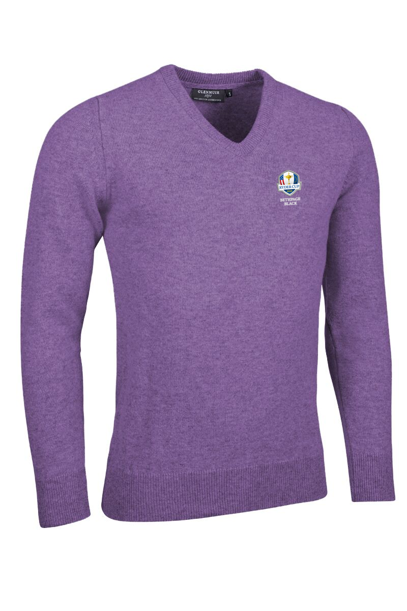 Official Ryder Cup 2025 Mens V Neck Lambswool Golf Sweater Amethyst Marl L