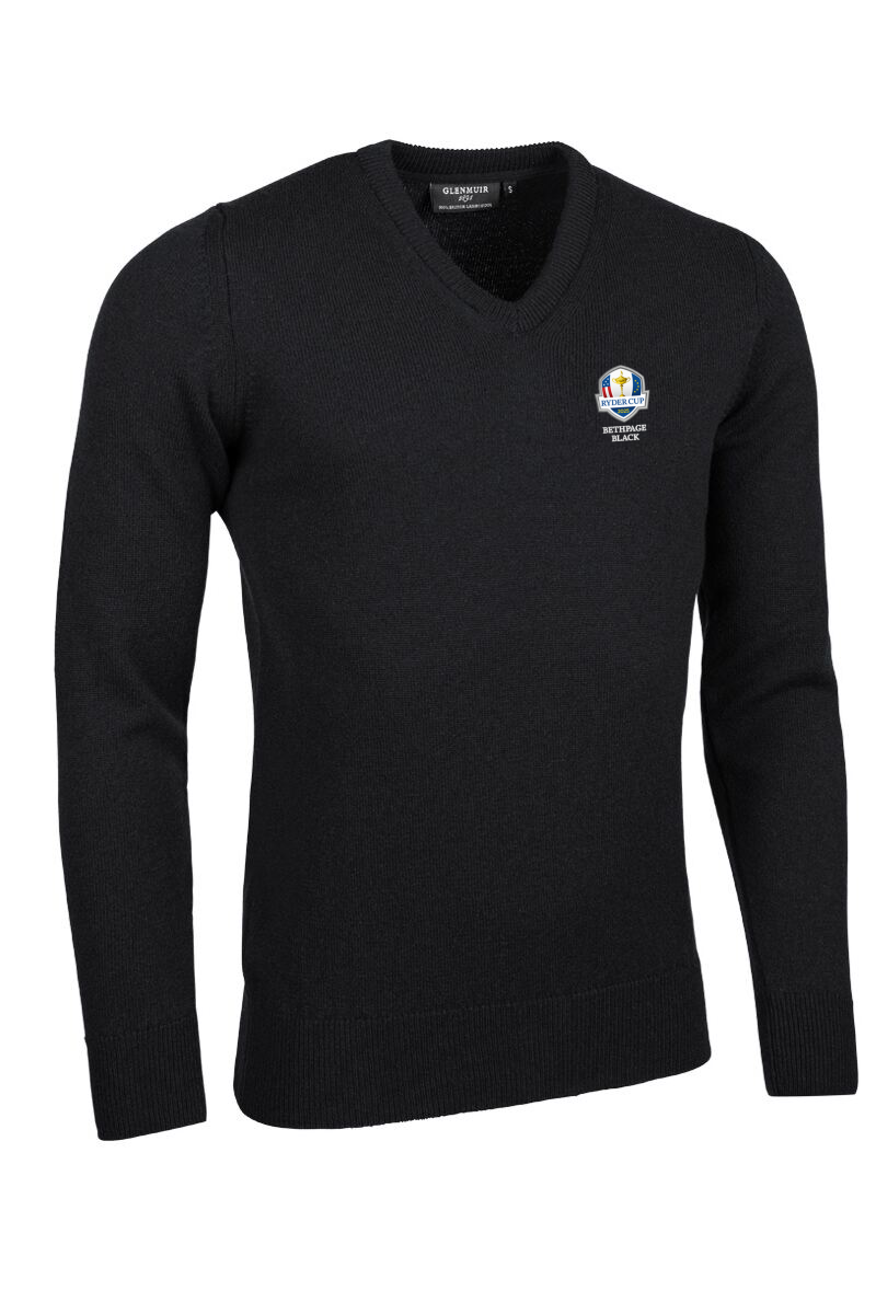 Official Ryder Cup 2025 Mens V Neck Lambswool Golf Sweater Black XL