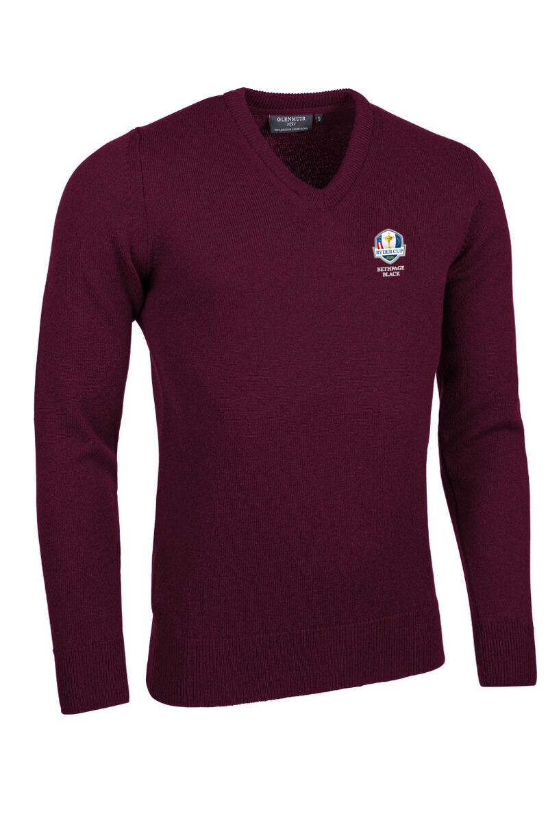 Official Ryder Cup 2025 Mens V Neck Lambswool Golf Sweater Bordeaux XL