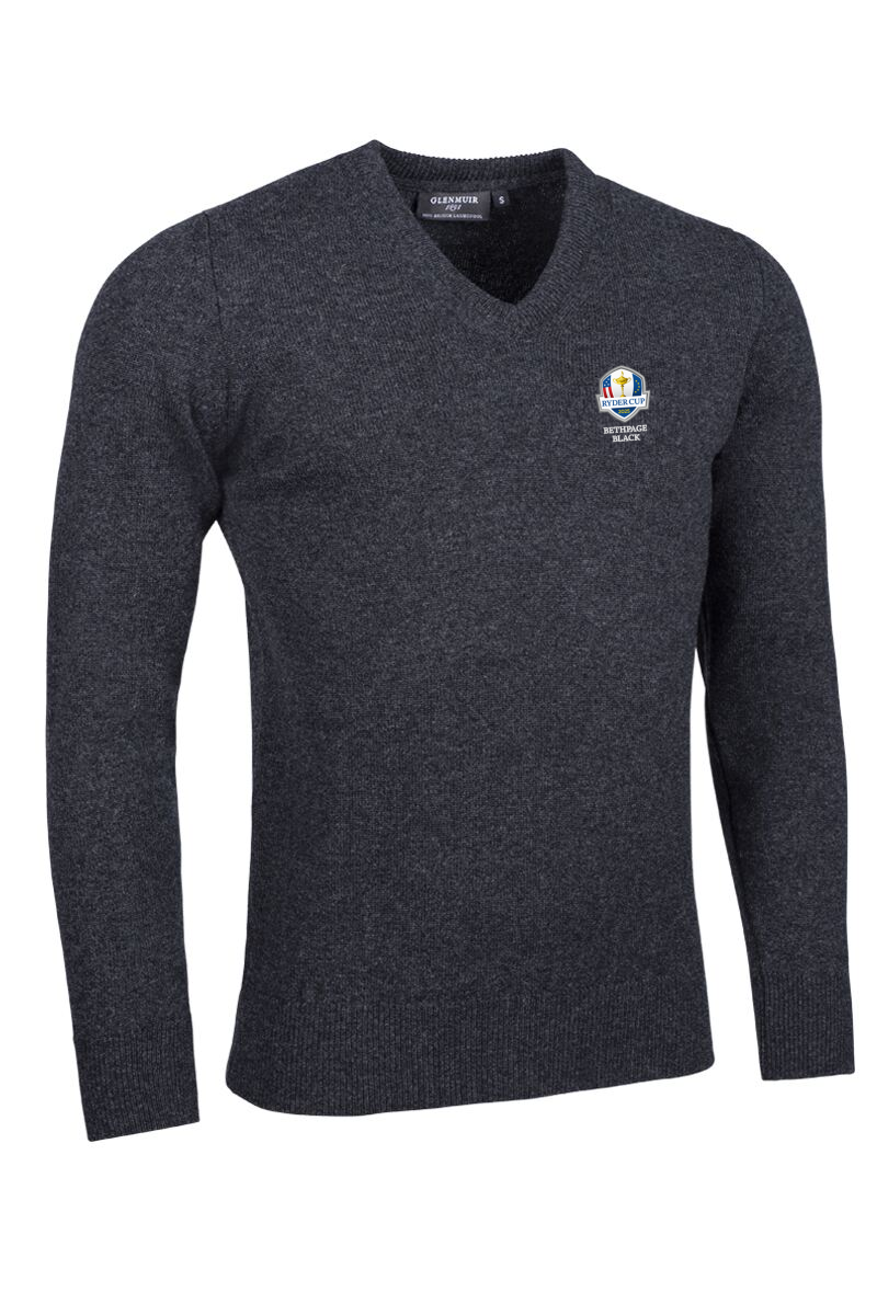 Official Ryder Cup 2025 Mens V Neck Lambswool Golf Sweater Charcoal Marl XL
