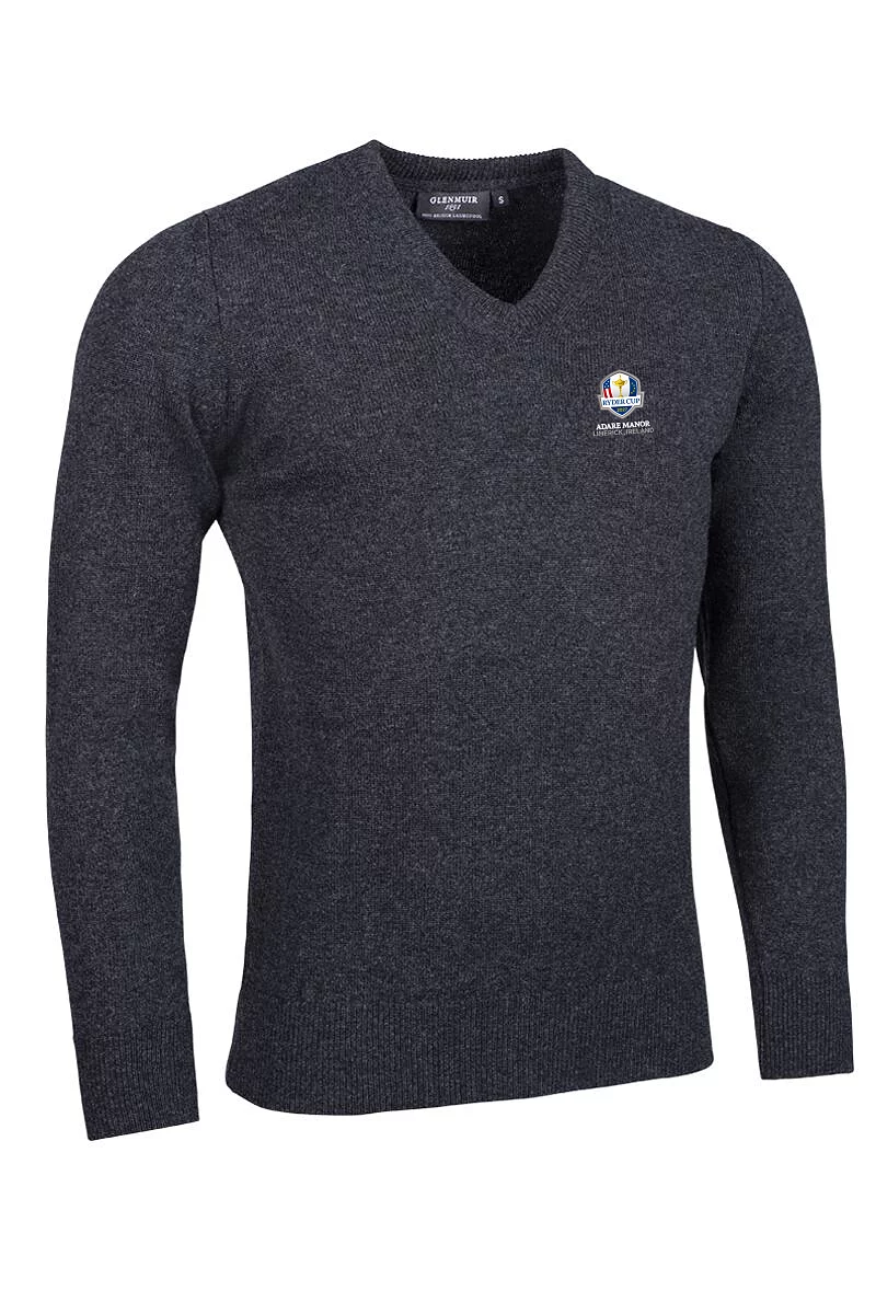 Official Ryder Cup 2027 Mens V Neck Lambswool Midweight Golf Sweater Charcoal Marl XL