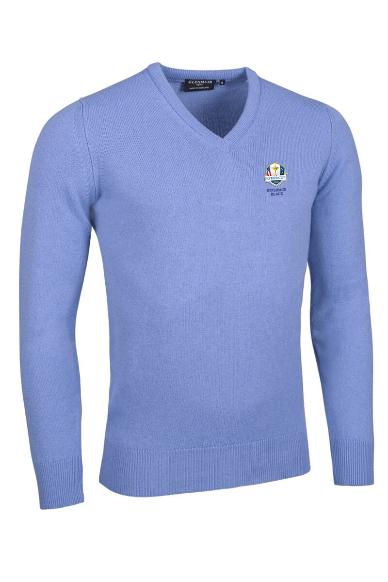 Official Ryder Cup 2025 Mens V Neck Lambswool Golf Sweater Light Blue XL