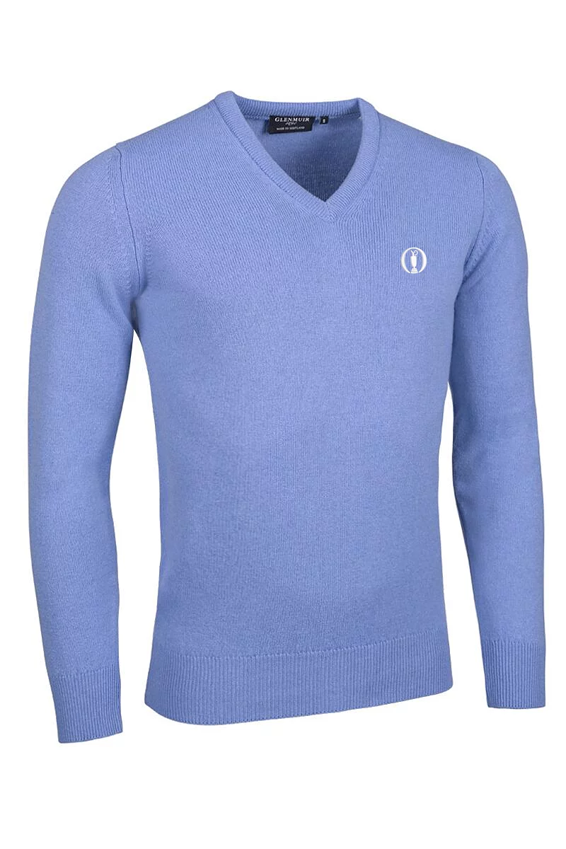 Official Ryder Cup 2027 Mens V Neck Lambswool Midweight Golf Sweater Light Blue XXL