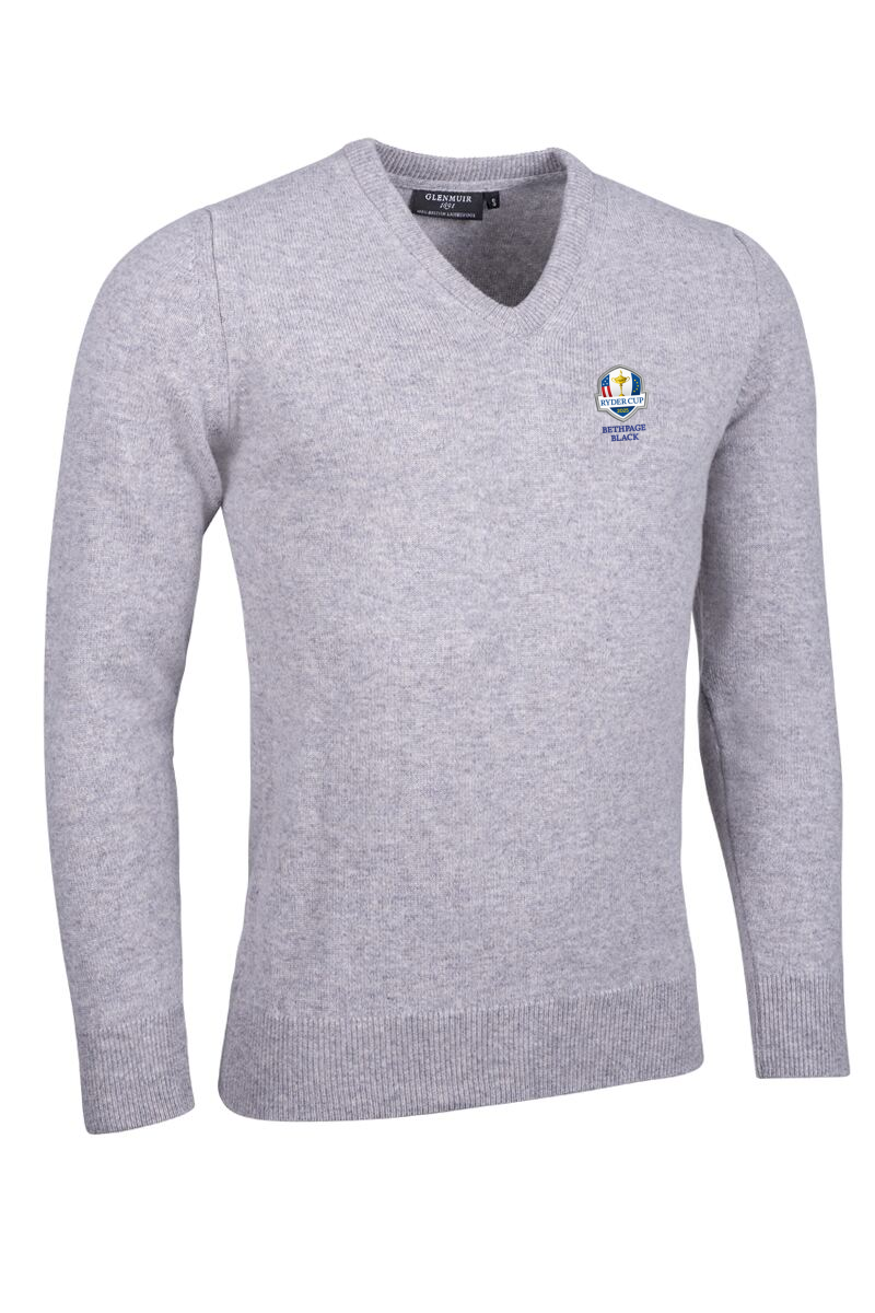 Official Ryder Cup 2025 Mens V Neck Lambswool Golf Sweater Light Grey Marl XL