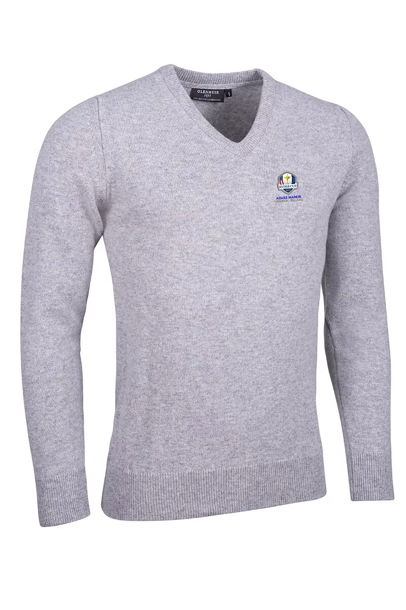 Official Ryder Cup 2027 Mens V Neck Lambswool Midweight Golf Sweater Light Grey Marl S