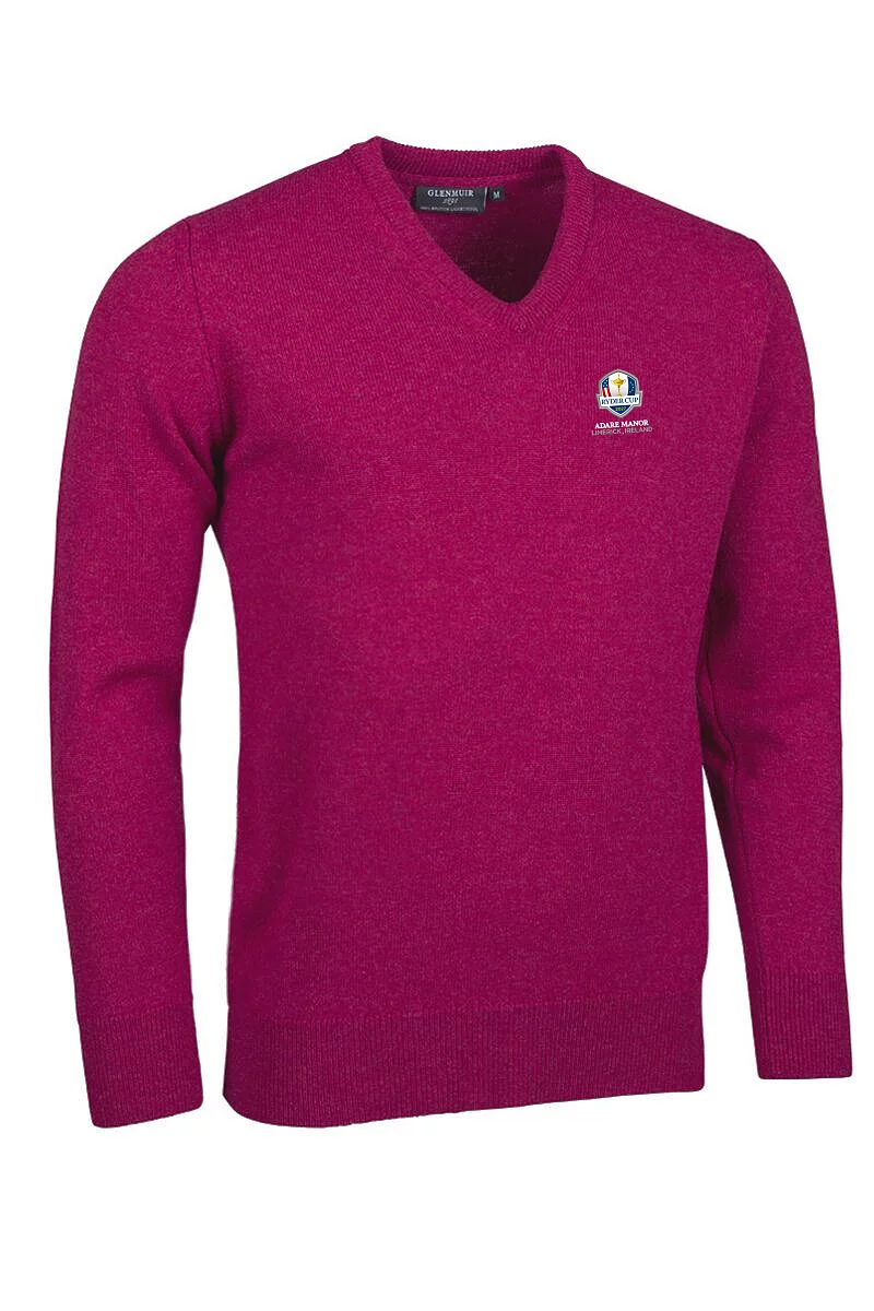 Official Ryder Cup 2027 Mens V Neck Lambswool Midweight Golf Sweater Raspberry Marl XXL