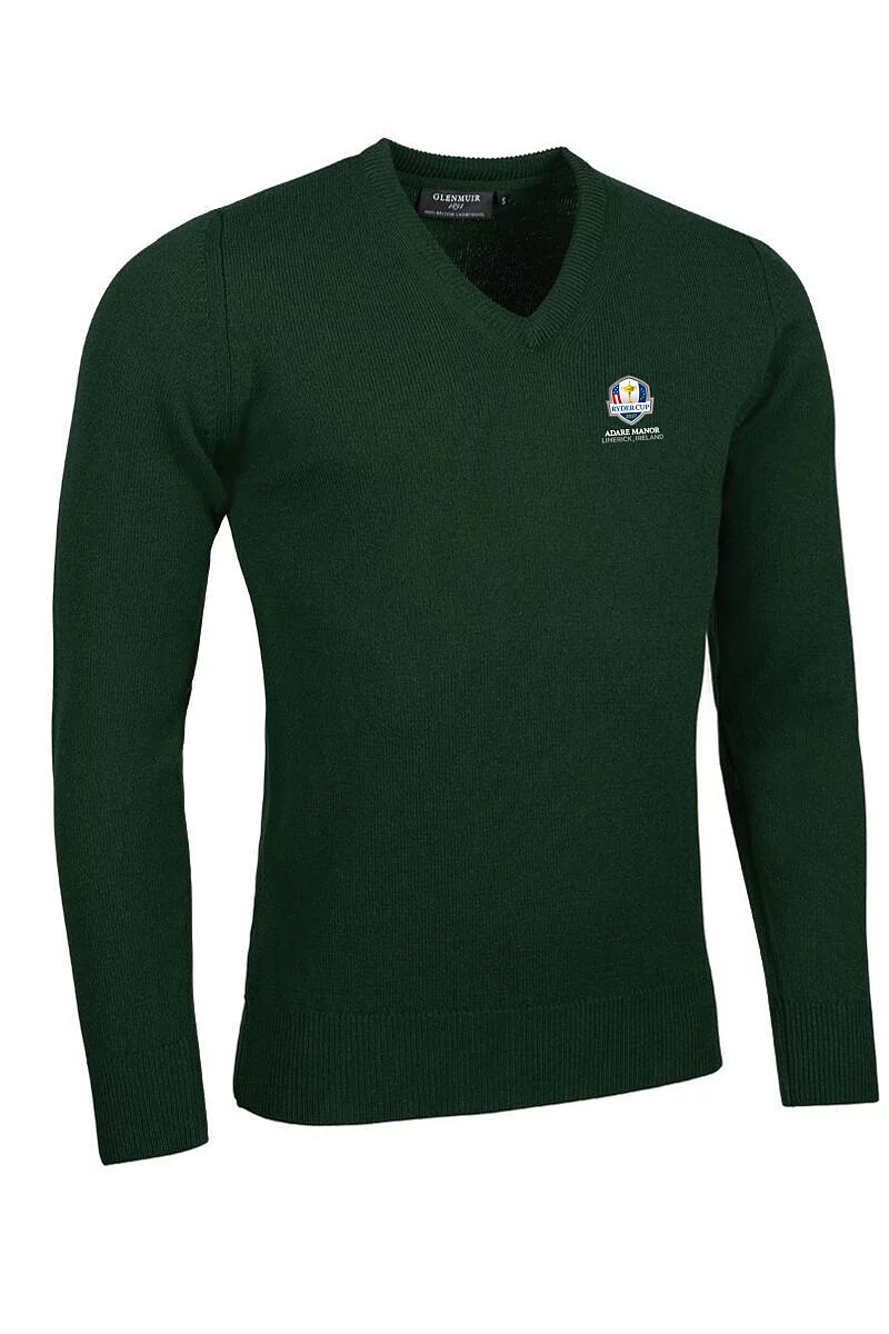 Official Ryder Cup 2027 Mens V Neck Lambswool Midweight Golf Sweater Tartan Green S