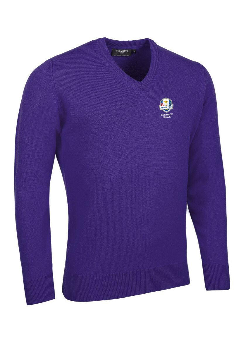 Official Ryder Cup 2025 Mens V Neck Lambswool Golf Sweater Violet XL