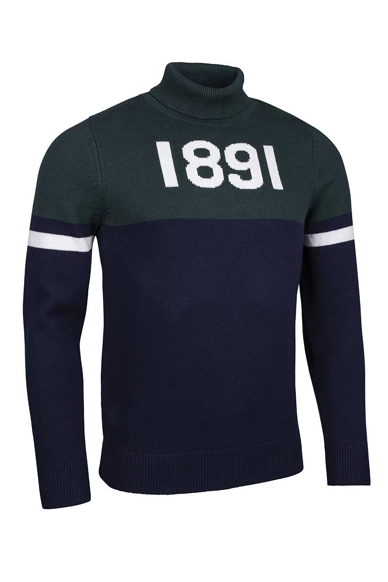 Mens and Ladies Roll Neck Contrast Chest and Sleeve Touch of Cashmere 1891 Heritage Sweater Navy/Bottle/White XL