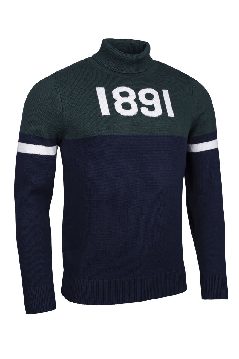 Mens and Ladies Roll Neck Contrast Chest and Sleeve Touch of Cashmere 1891 Heritage Sweater