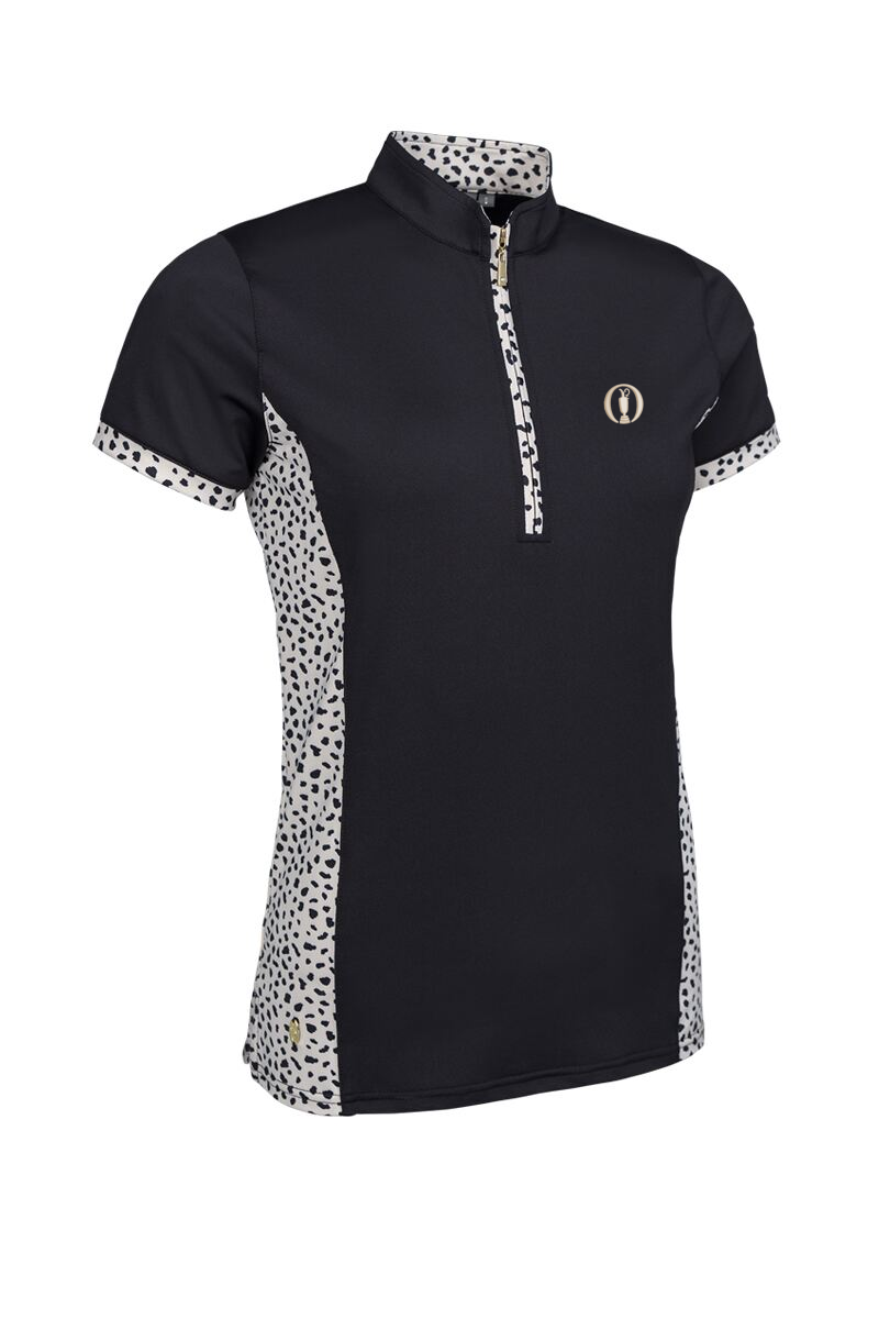 The Open Ladies Stand Up Collar Printed Panel Zip Performance Golf Shirt