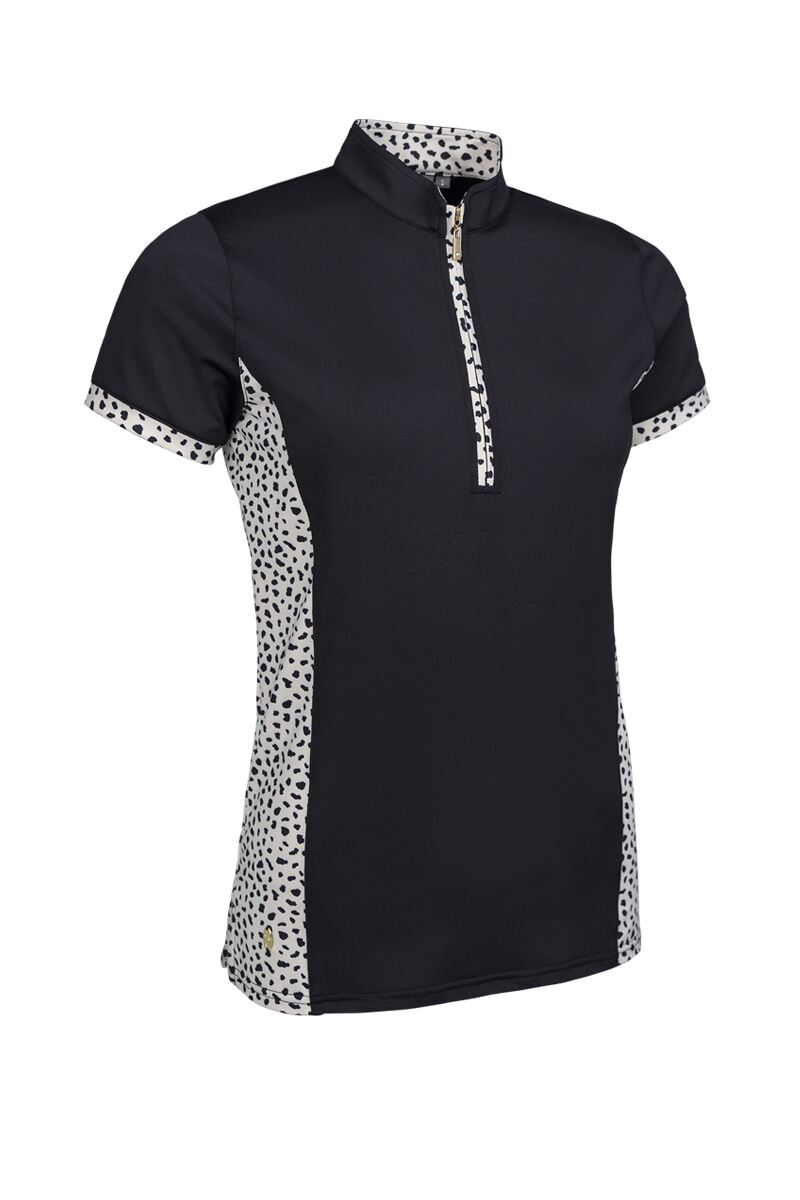 Ladies Stand Up Collar Printed Panel Zip Performance Golf Shirt