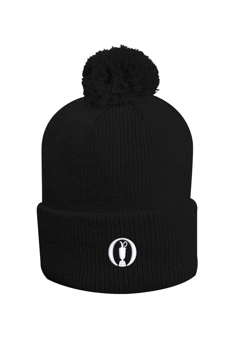The Open Unisex Thermal Lined Turn Up Rib Merino Golf Bobble Hat Black One Size