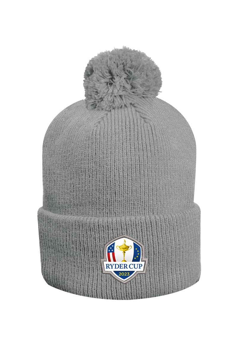 Official Ryder Cup 2025 Unisex Thermal Lined Turn Up Rib Merino Golf Bobble Hat Mid Grey Marl One Size