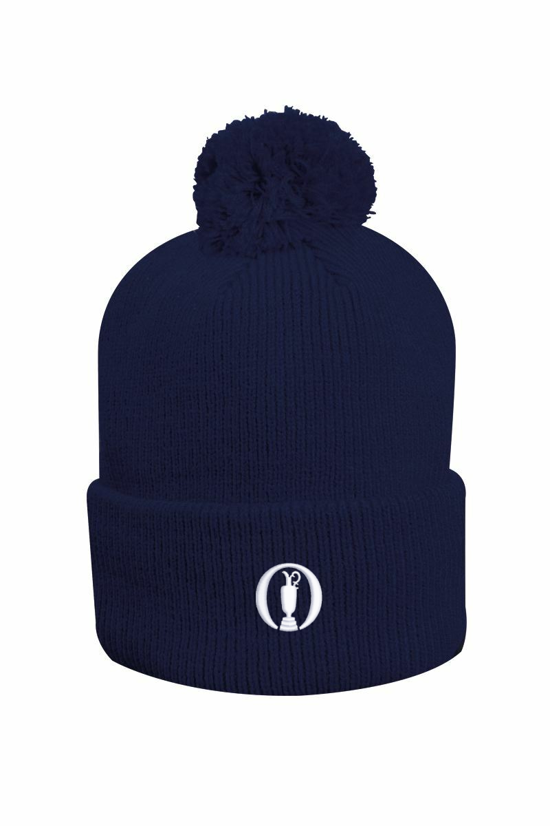 The Open Unisex Thermal Lined Turn Up Rib Merino Golf Bobble Hat Navy One Size
