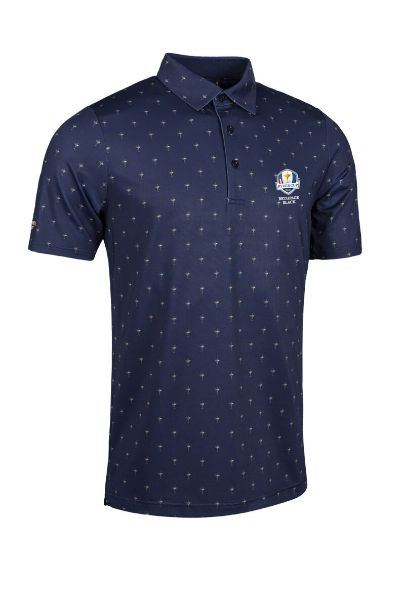 Official Ryder Cup 2025 Mens All Over Trophy Print Performance Polo Shirt Navy/Gold S