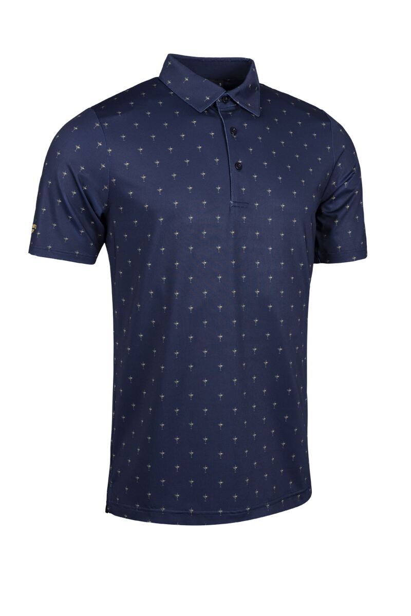 Mens All Over Trophy Print Performance Polo Shirt Navy/Gold L
