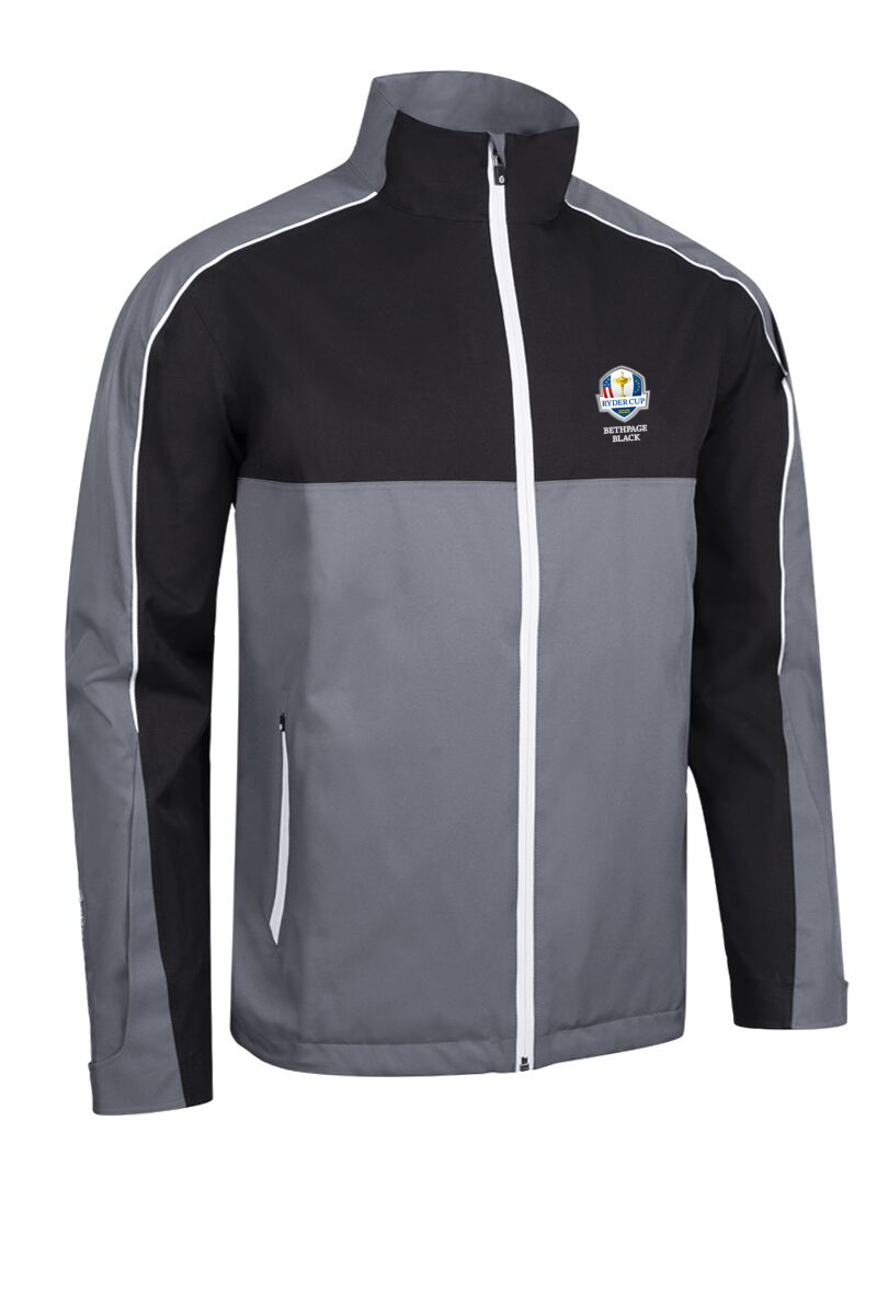 Official Ryder Cup 2025 Mens Chest and Sleeve Panel Waterproof Golf Jacket Gunmetal Black White S
