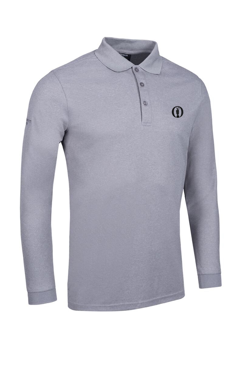 The Open Mens Long Sleeve Performance Pique Golf Polo Shirt Light Grey Marl S