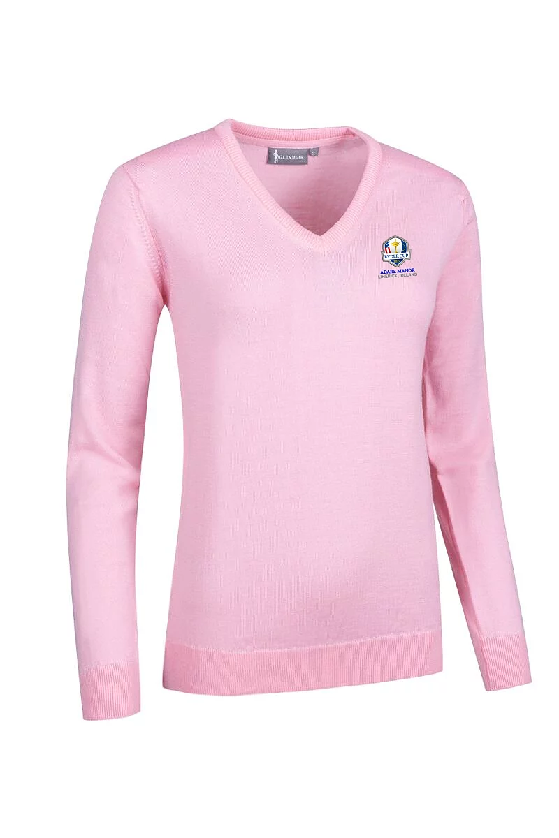 Official Ryder Cup 2027 Ladies V Neck Merino Wool Lightweight Golf Sweater Candy S