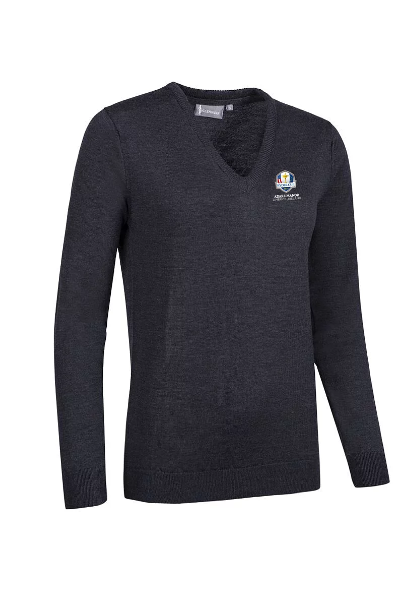 Official Ryder Cup 2027 Ladies V Neck Merino Wool Lightweight Golf Sweater Charcoal Marl S