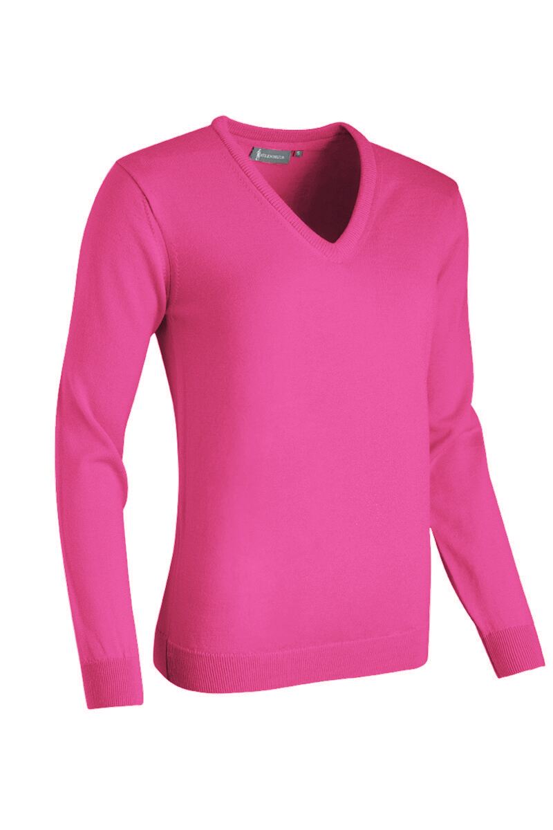 Ladies V Neck Merino Wool Golf Sweater Hot Pink S