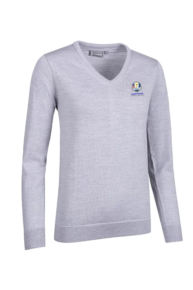 Official Ryder Cup 2027 Ladies V Neck Merino Wool Lightweight Golf Sweater Light Grey Marl M