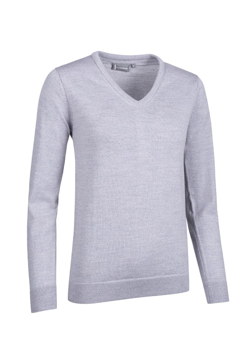 Ladies V Neck Merino Wool Golf Sweater Light Grey Marl L
