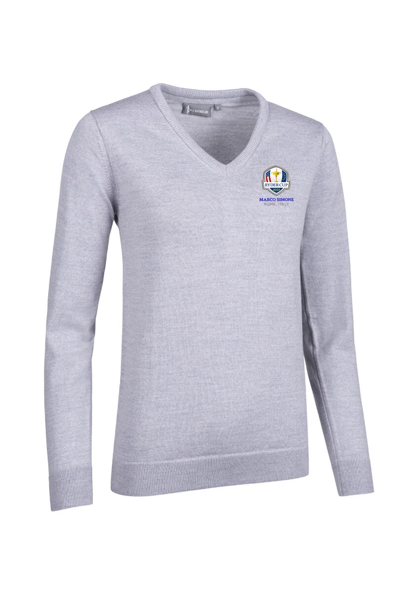 Official Ryder Cup 2025 Ladies V Neck Merino Wool Golf Sweater Light Grey Marl S