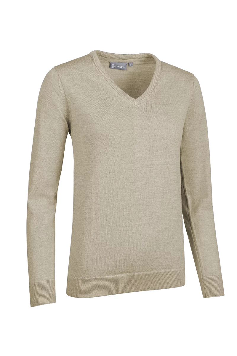Official Ryder Cup 2027 Ladies V Neck Merino Wool Lightweight Golf Sweater Linen Marl L