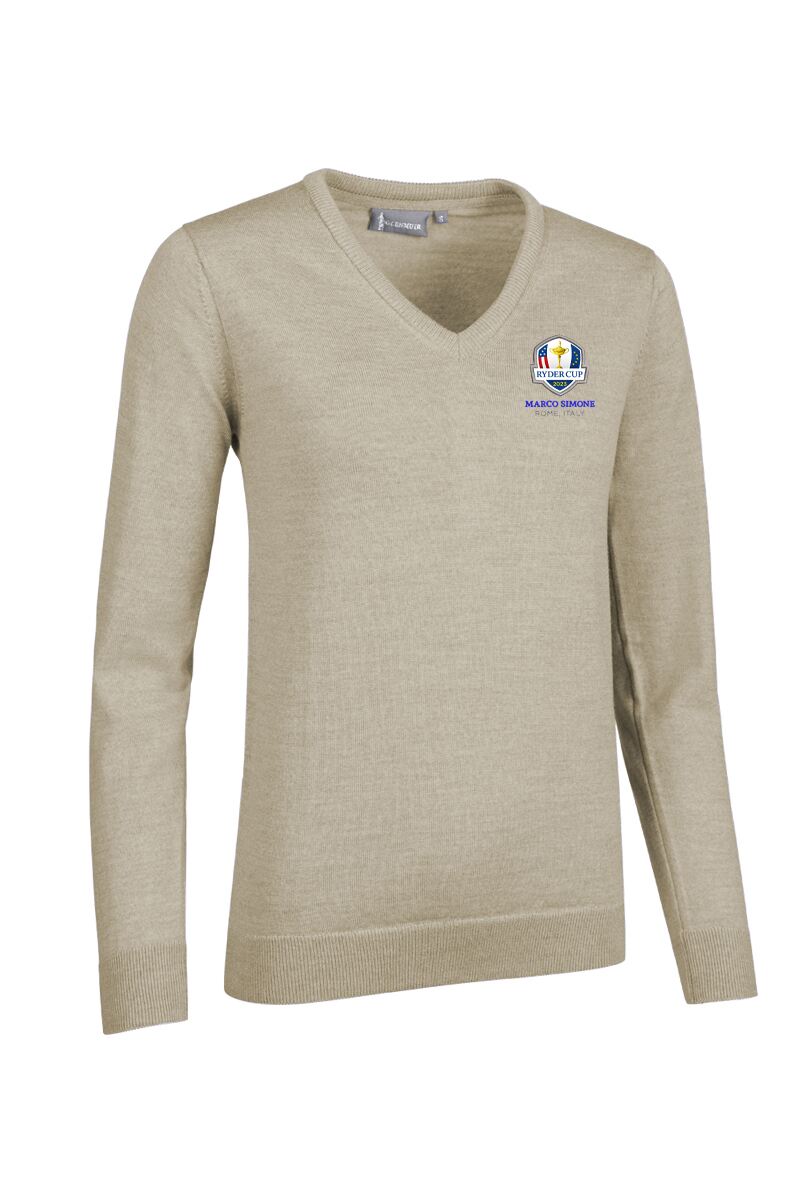 Official Ryder Cup 2025 Ladies V Neck Merino Wool Golf Sweater Linen Marl S