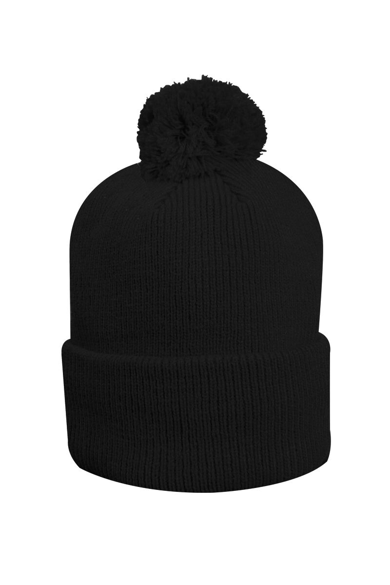 Mens And Ladies Thermal Lined Turn Up Rib Merino Golf Beanie Bobble Hat Black One Size