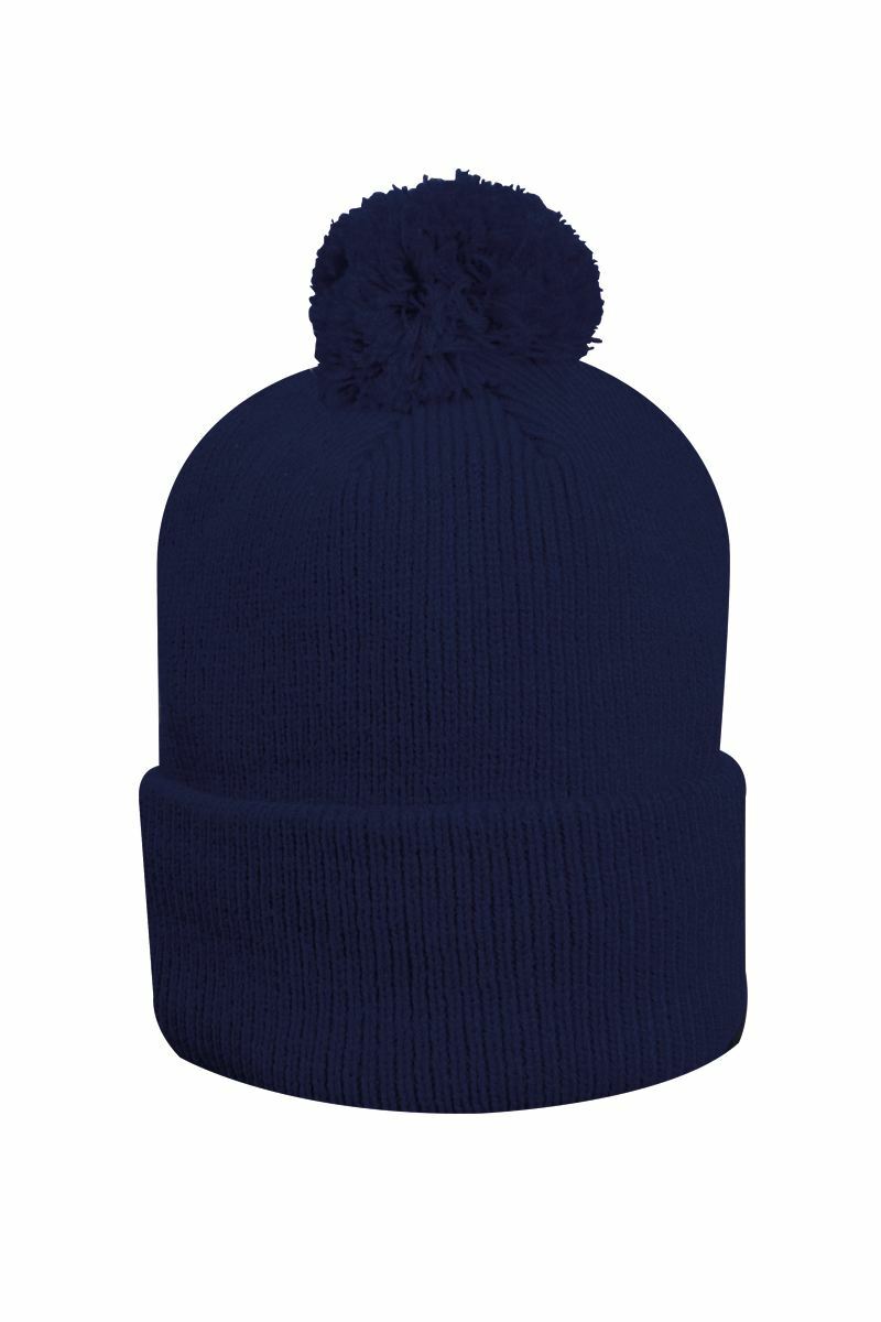 Mens And Ladies Thermal Lined Turn Up Rib Merino Golf Beanie Bobble Hat Navy One Size