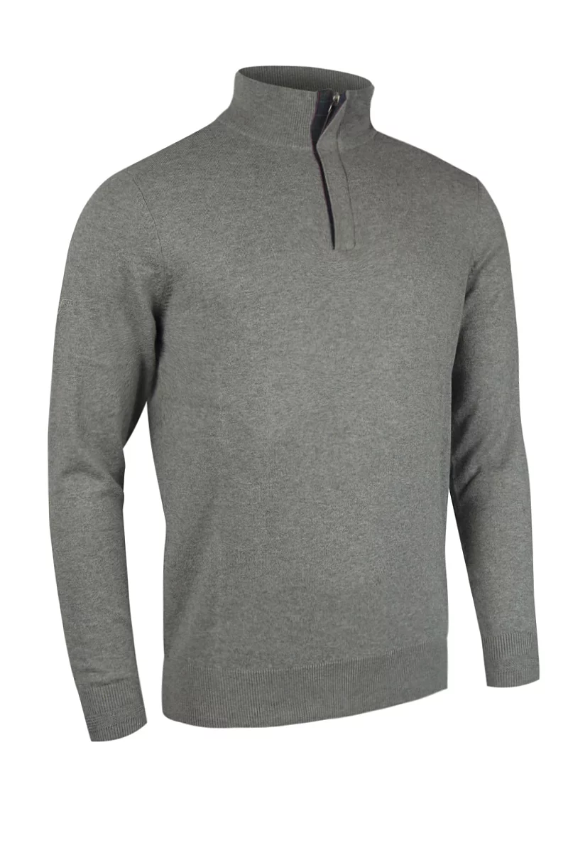 Official Ryder Cup 2027 Mens Quarter Zip Tartan Placket Touch of Cashmere Lightweight Golf Sweater Grey Marl S
