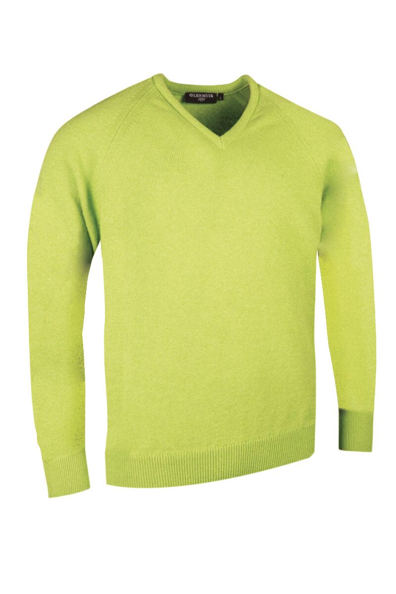 Mens V Neck Raglan Sleeve Lambswool Blend Golf Sweater Sale Dark Lime L