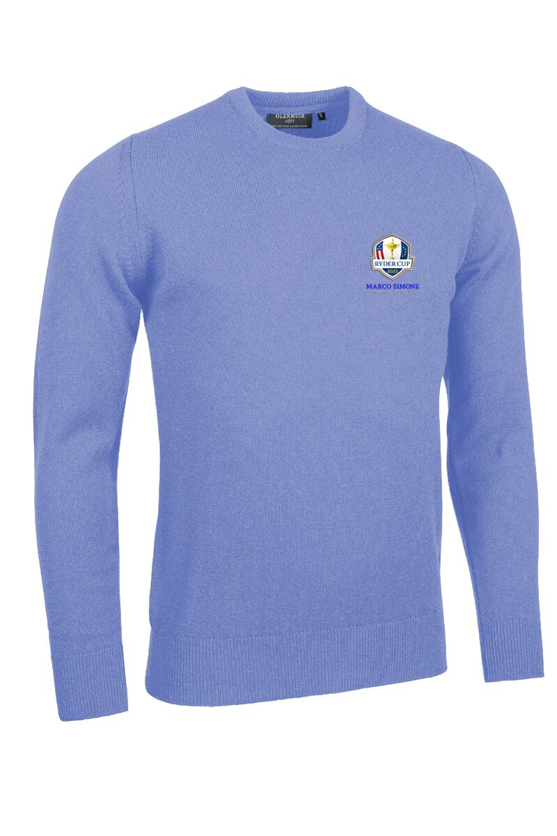 Official Ryder Cup 2025 Mens Crew Neck Lambswool Golf Sweater Light Blue XXL