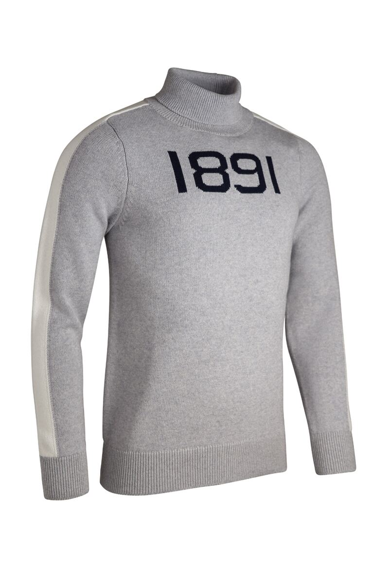 Mens and Ladies Roll Neck Sleeve Stripe Touch of Cashmere 1891 Heritage Sweater Sale Light Grey Marl/White/Navy L