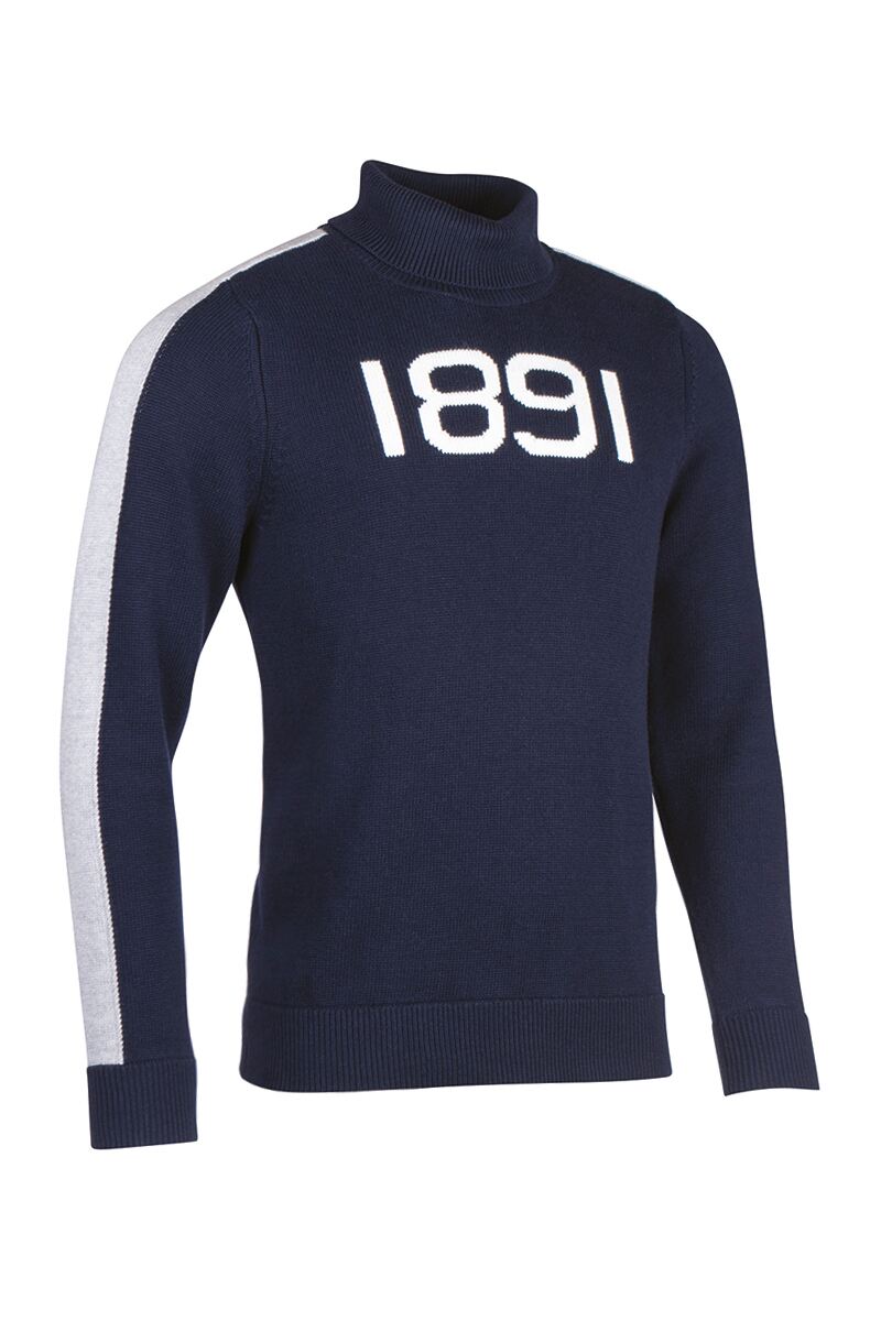 Mens and Ladies Roll Neck Sleeve Stripe Touch of Cashmere 1891 Heritage Sweater Sale Navy/Light Grey Marl/White L