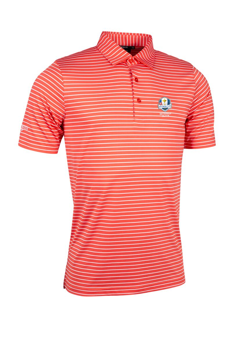 Official Ryder Cup 2025 Mens Pencil Stripe Tailored Collar Performance Golf Shirt Apricot/White M
