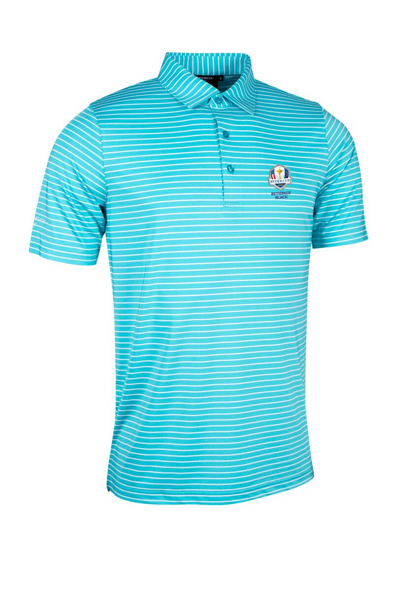 Official Ryder Cup 2025 Mens Pencil Stripe Tailored Collar Performance Golf Shirt Aqua/White XL