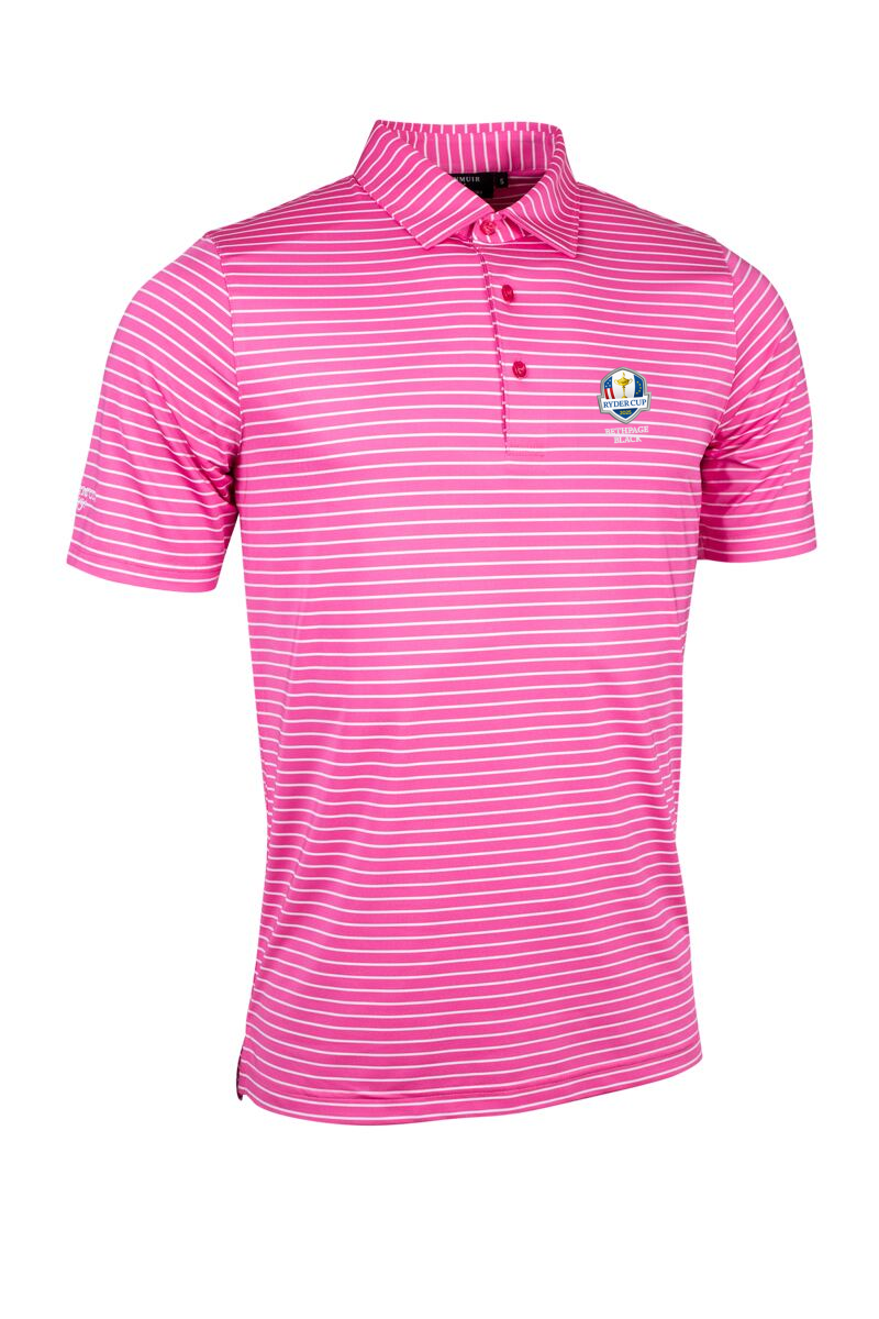 Official Ryder Cup 2025 Mens Pencil Stripe Tailored Collar Performance Golf Shirt Hot Pink/White S